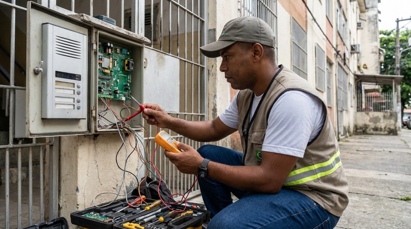 Eletricista consertando interfone em Recife‑PE