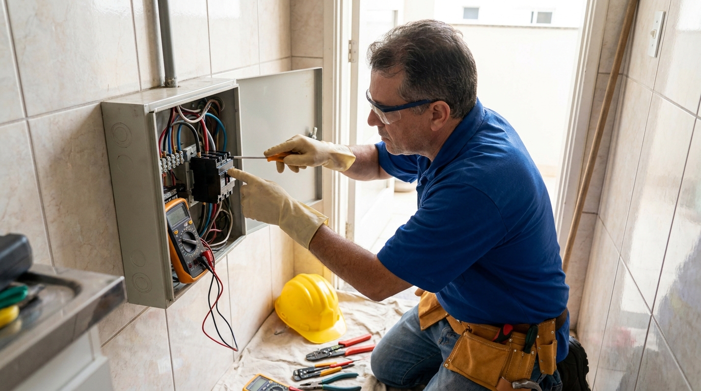 Eletricista instalando disjuntor em Recife‑PE