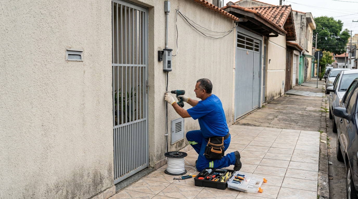 Eletricista instalando interfone em Recife‑PE